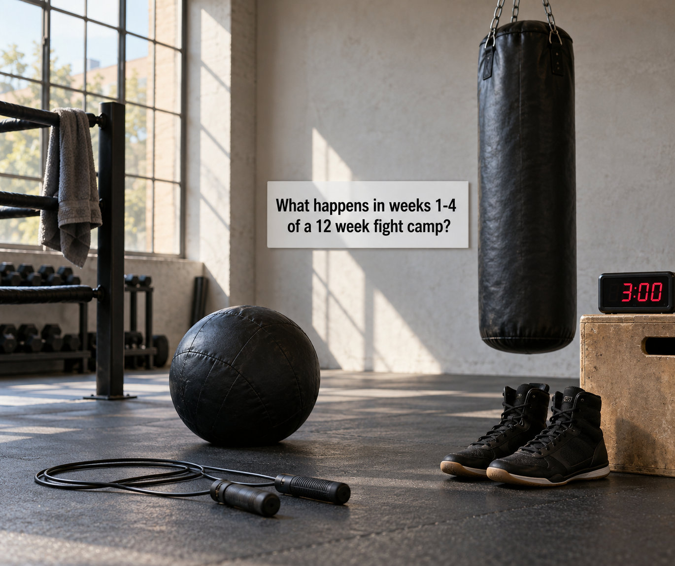 What happens in weeks 1-4 of a 12 week fight camp?