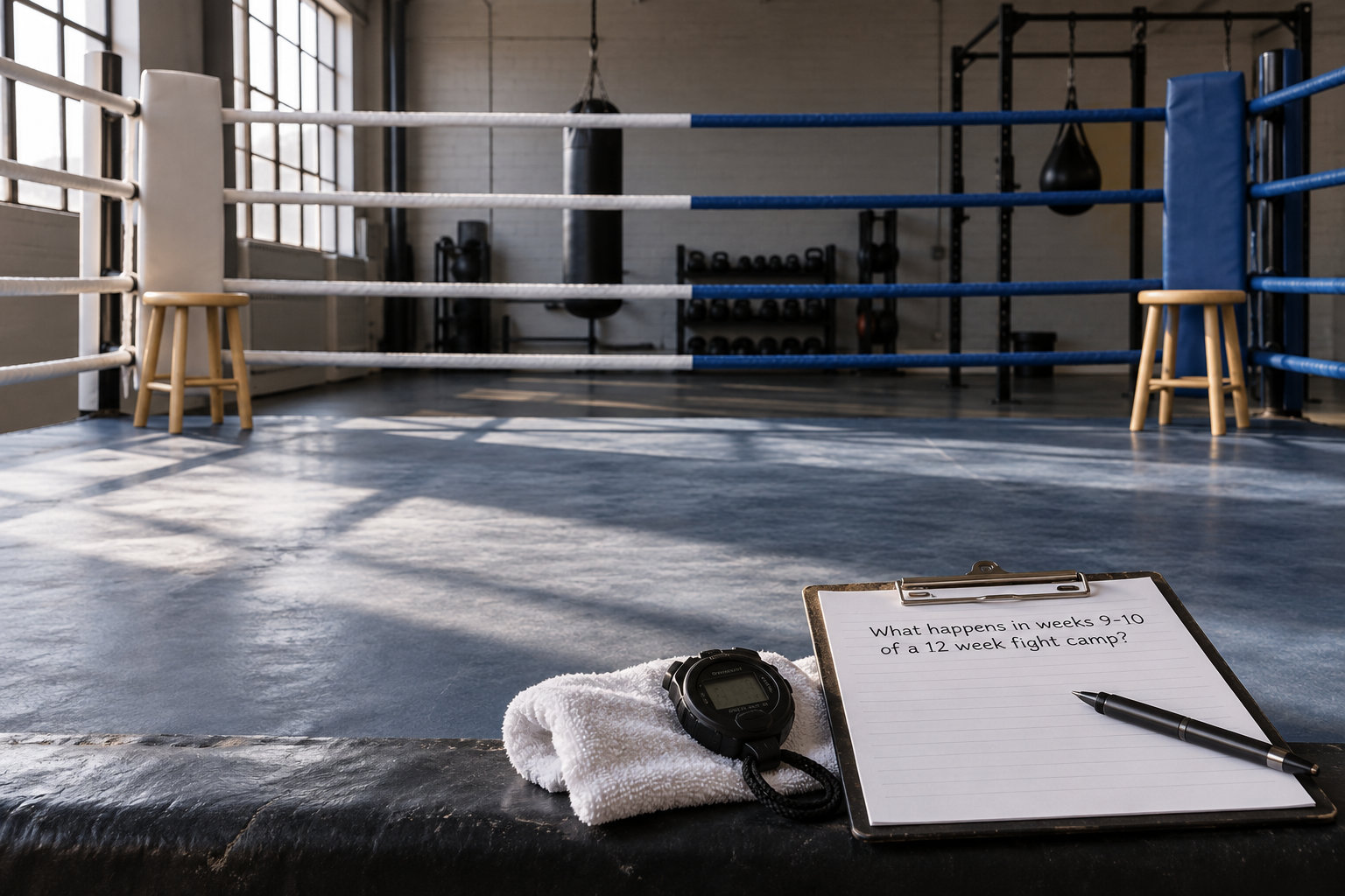 What happens in weeks 9-10 of a 12 week fight camp?